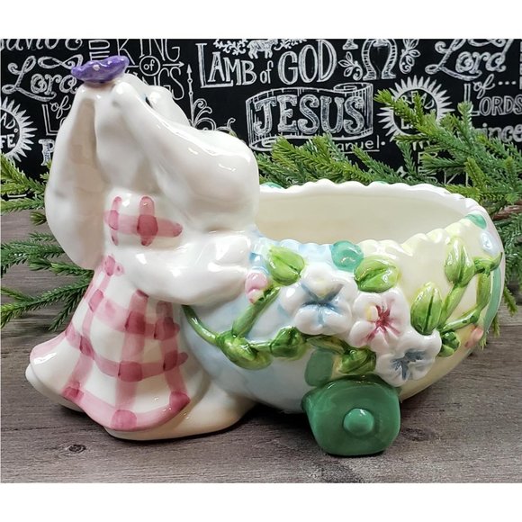Easter Bunny Glazed Ceramic Dish Bowl Vase - Picture 4 of 10